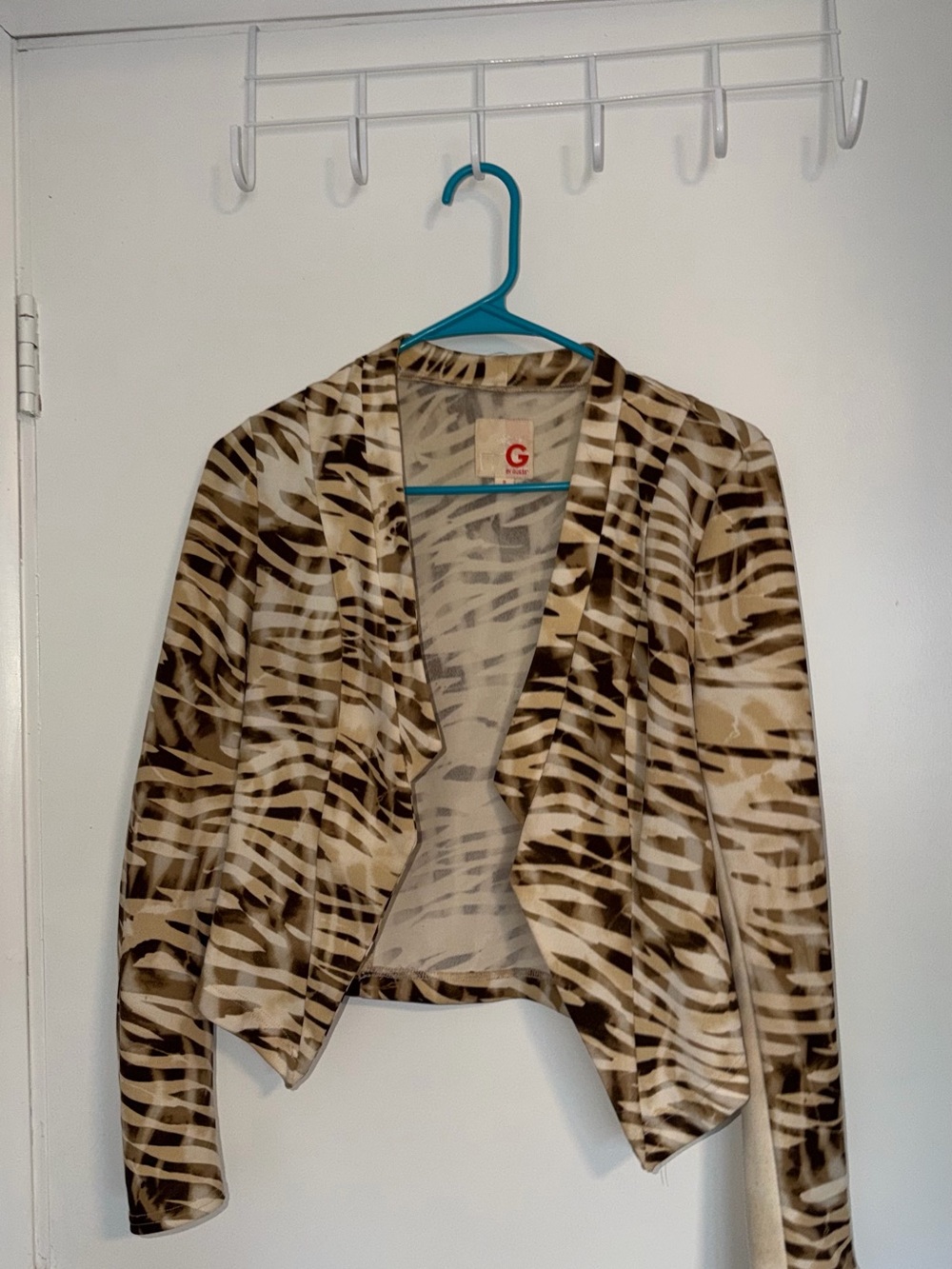 Guess Open-Front Cardigan in Cream and Brown Animal Print